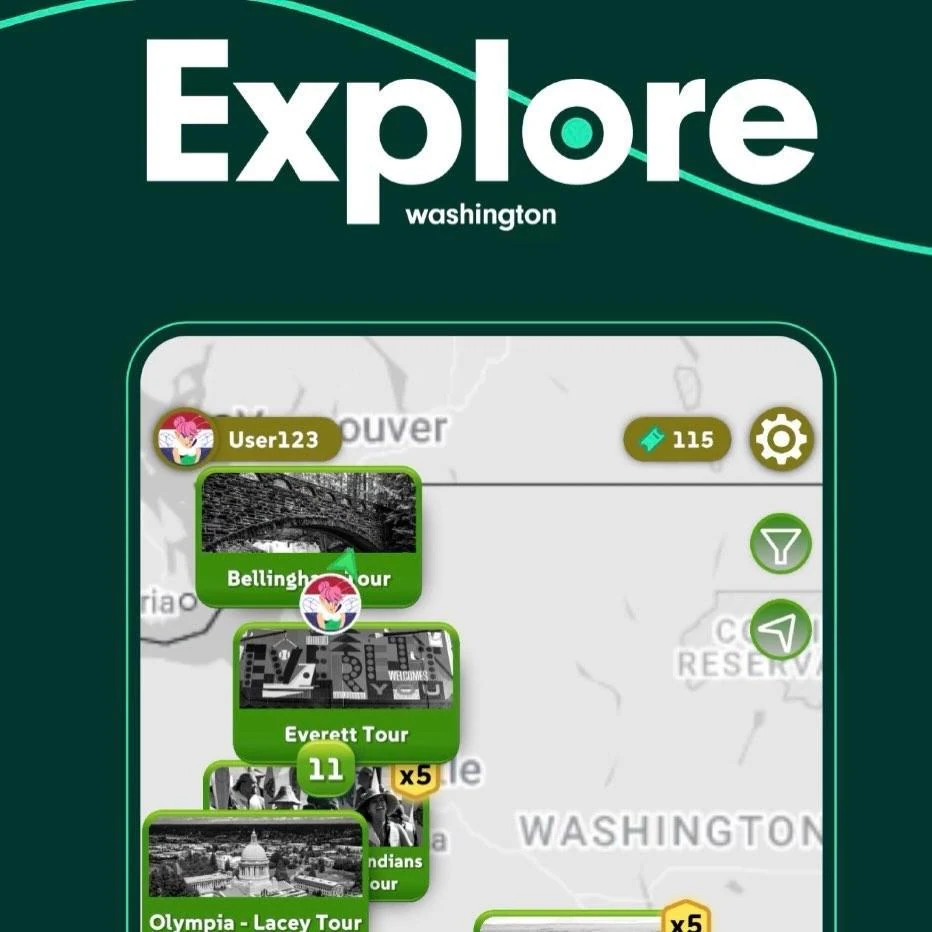 SEA&WIN's Explore Washington map showing location-based tours, digital tickets, and nearby destinations