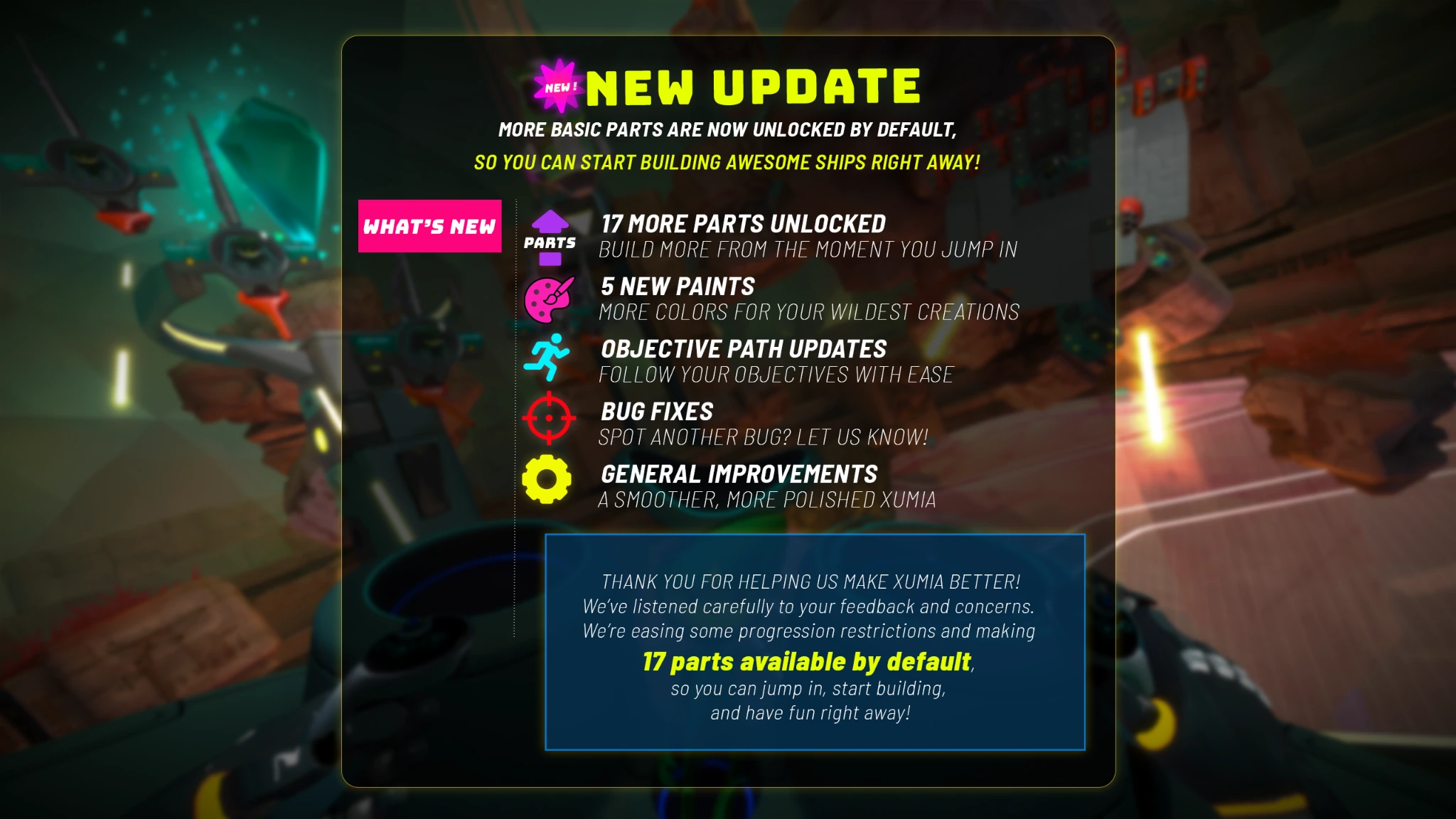 BuildPort Xumia update announcing more unlocked parts, new paints, objective updates, bug fixes, and improvements