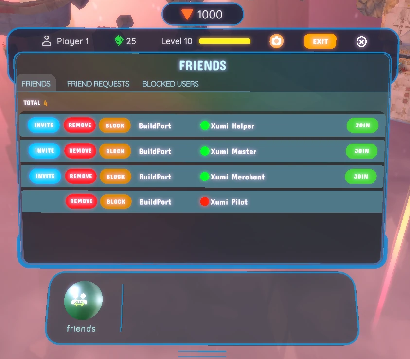 The Wristpod Friends App showing friends' online status and controls to invite, join, remove, or block a player