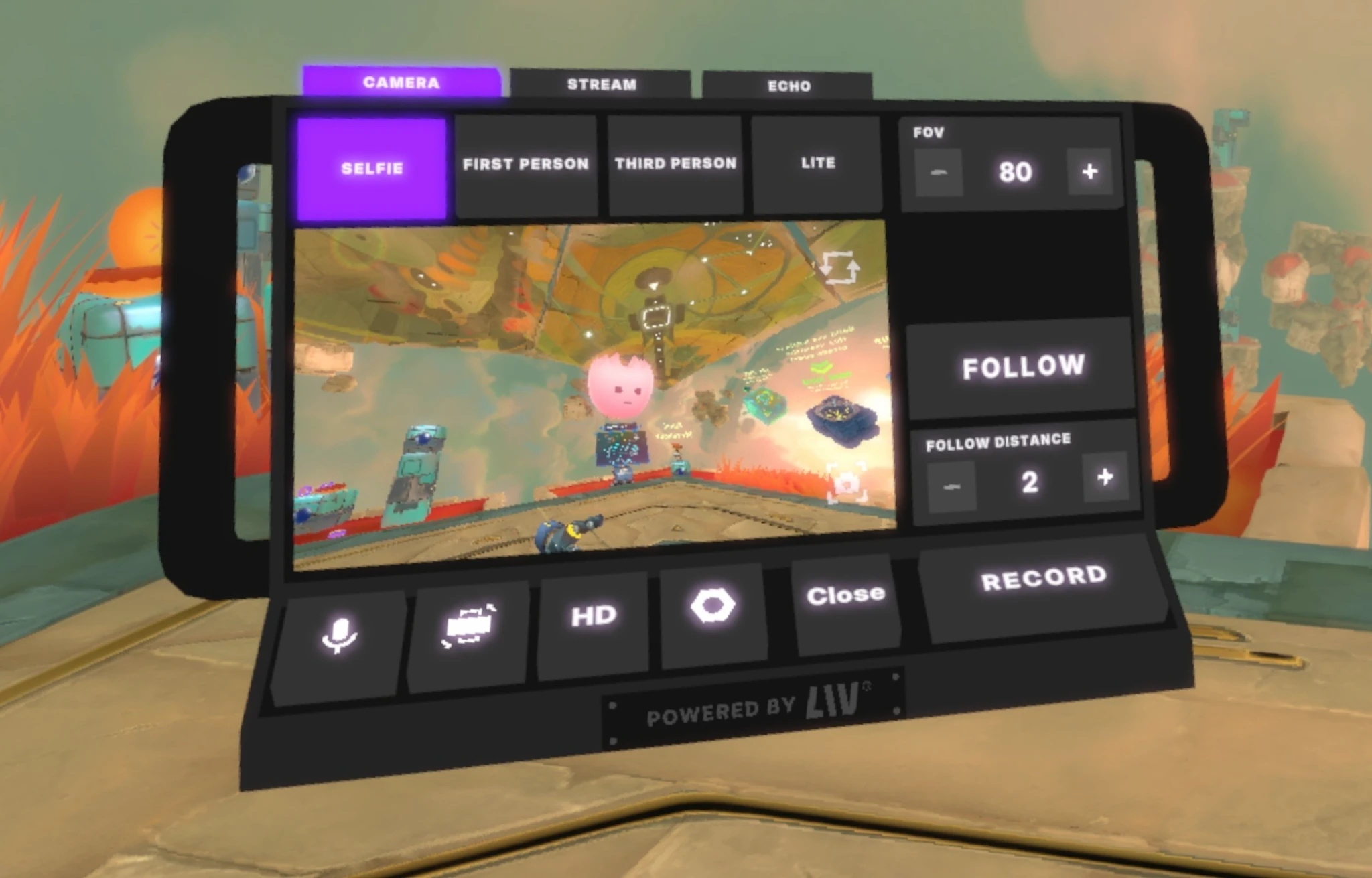 The LIV camera interface in BuildPort Xumia with a gameplay preview, camera modes, and recording controls