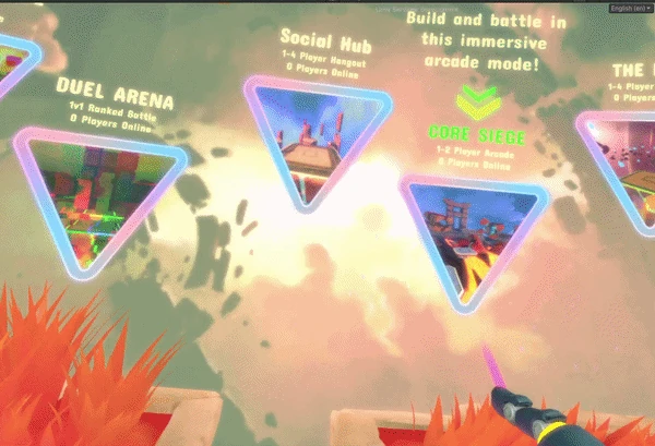 Colorful triangular portals previewing the Duel Arena, Social Hub, Core Siege, and other BuildPort Xumia game modes