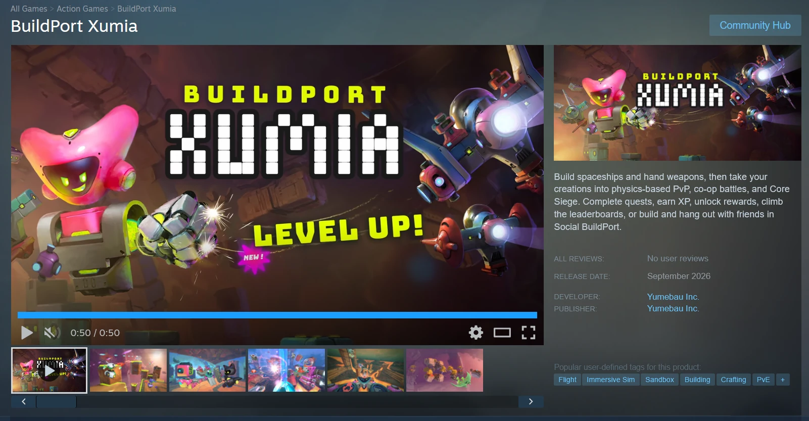 BuildPort Xumia's Steam store page showing the Level Up artwork and a September 2026 release window