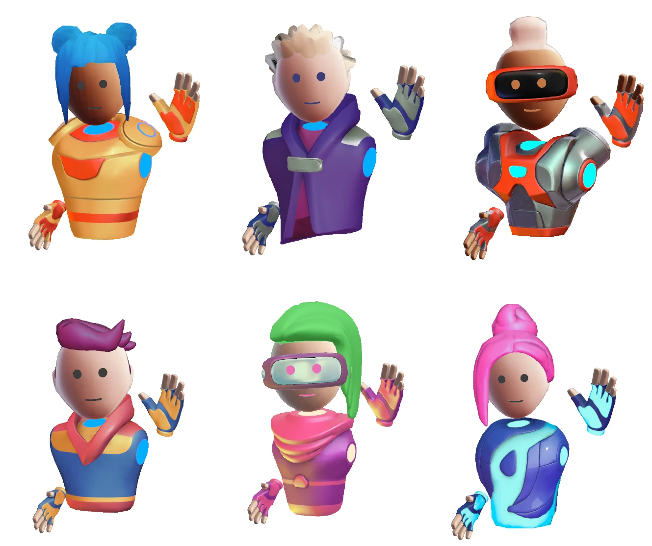 Six new RecRoom-inspired builder avatars with colorful hairstyles, outfits, gloves, and visors