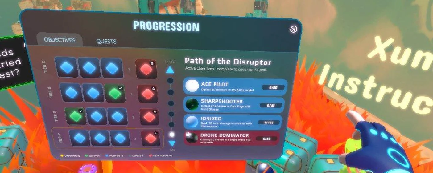 The Path of the Disruptor progression screen showing the Ace Pilot, Sharpshooter, Ionizer, and Drone Dominator objectives