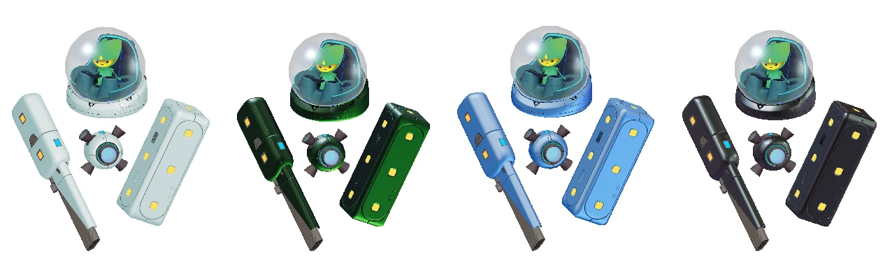 Four new paint schemes earned through the Path of the Disruptor, displayed on gizmo parts