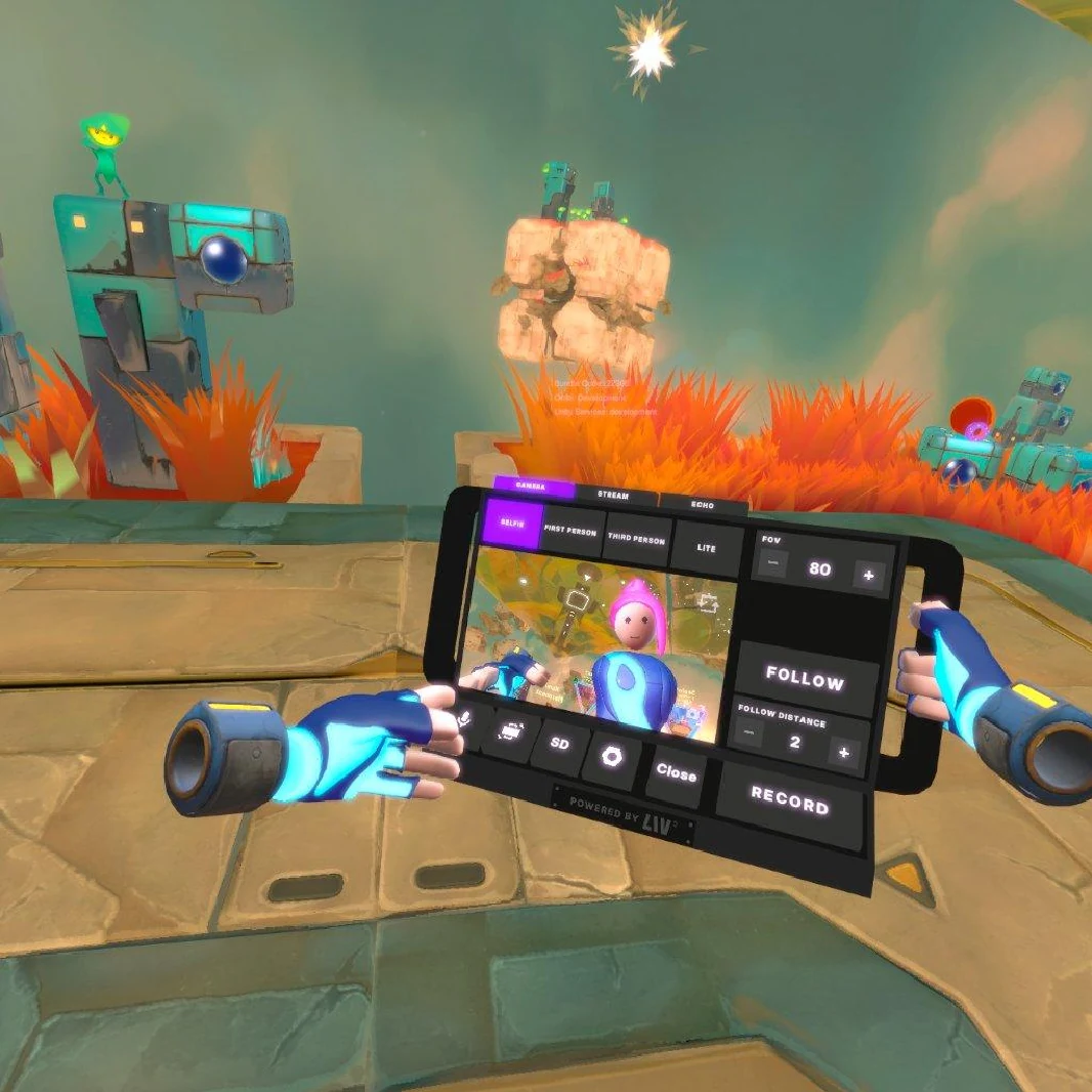 A builder using LIV's handheld camera to capture their avatar and gameplay in Xumia