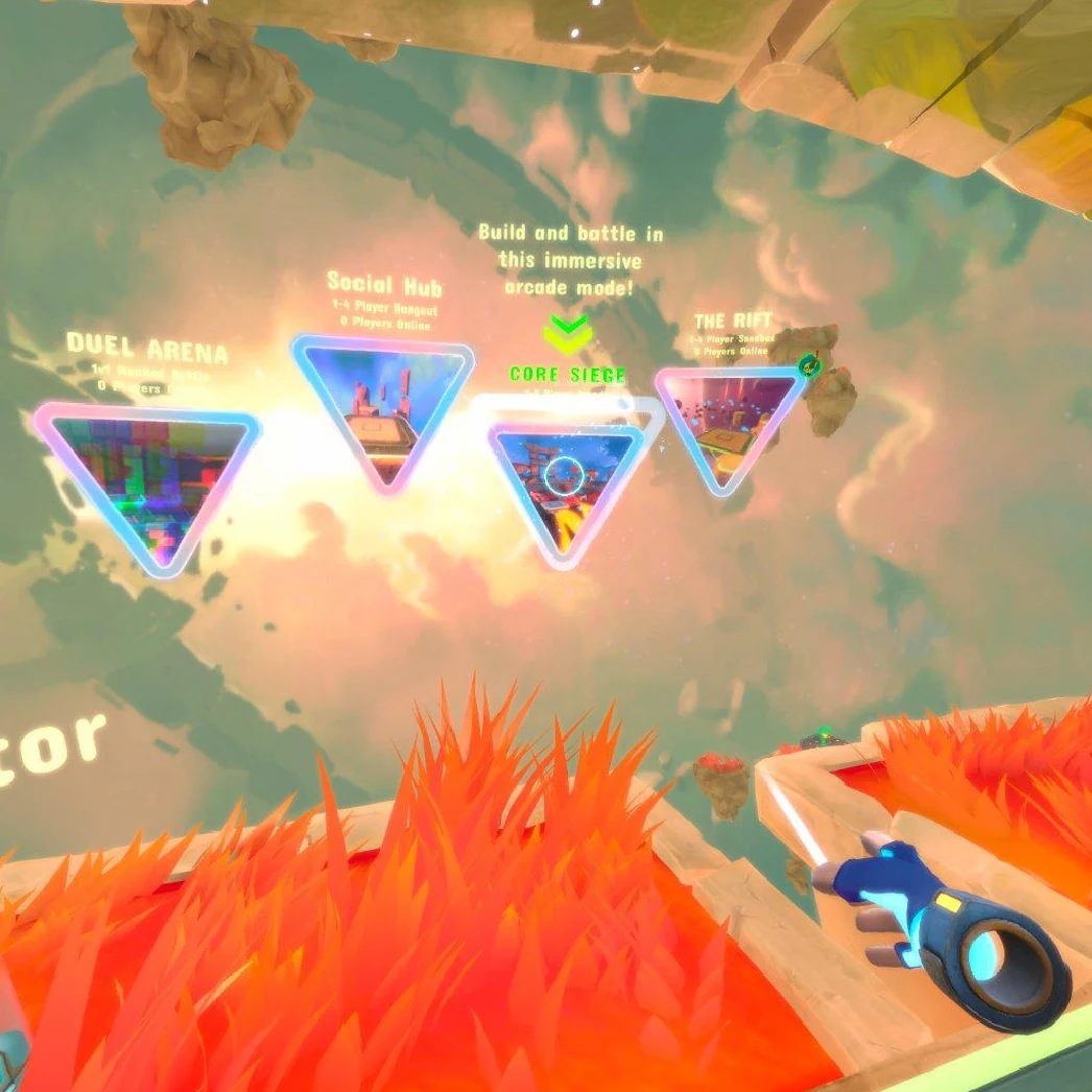Triangular portals showing the Duel Arena, Social Hub, Core Siege, and the Rift