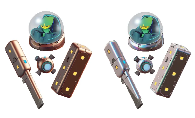 Copper and pearl store paints displayed on gizmo cockpits, wings, and weapons