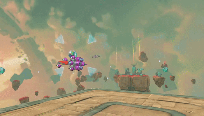 Animated preview of a colorful BuildPort Xumia spaceship separating into flying parts