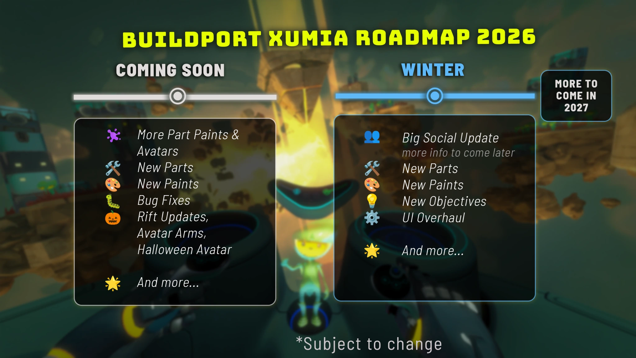 BuildPort Xumia's updated 2026 roadmap showing coming-soon avatar arms, new parts, paints, Rift updates, bug fixes, and winter plans