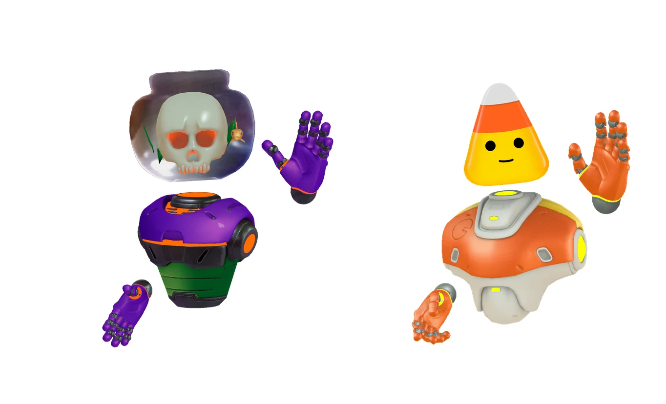 Skulivan's skull-and-fish helmet and the returning candy-corn-themed Corny avatar
