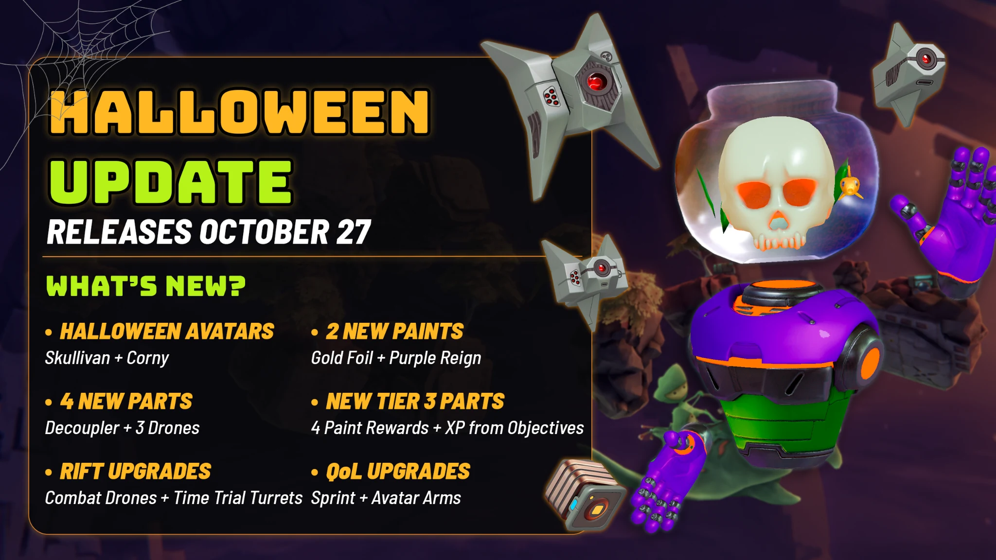 Halloween update releasing October 27, featuring new avatars, decouplers, drones, Rift upgrades, paints, and quality-of-life improvements